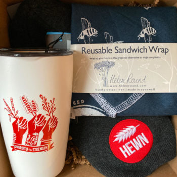 gift box with reusable sandwich wrap, hewn beanie and a portable mug
